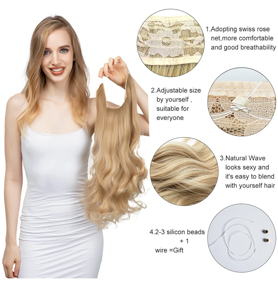 Synthetic No Clip Wave Hair Extensions Ombre Natural Black Blonde Pink One Piece False Hairpiece Fish Line Fake Hair Piece