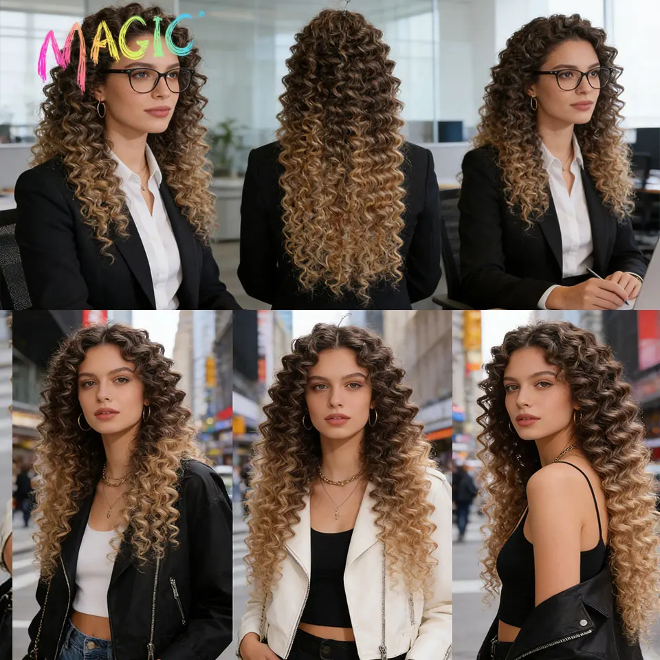 Magic 24 Inch Brown Blonde Deep Wave Synthetic Hair Bundles High Temperature Fiber Crochet Braiding Hair Extensions For Women