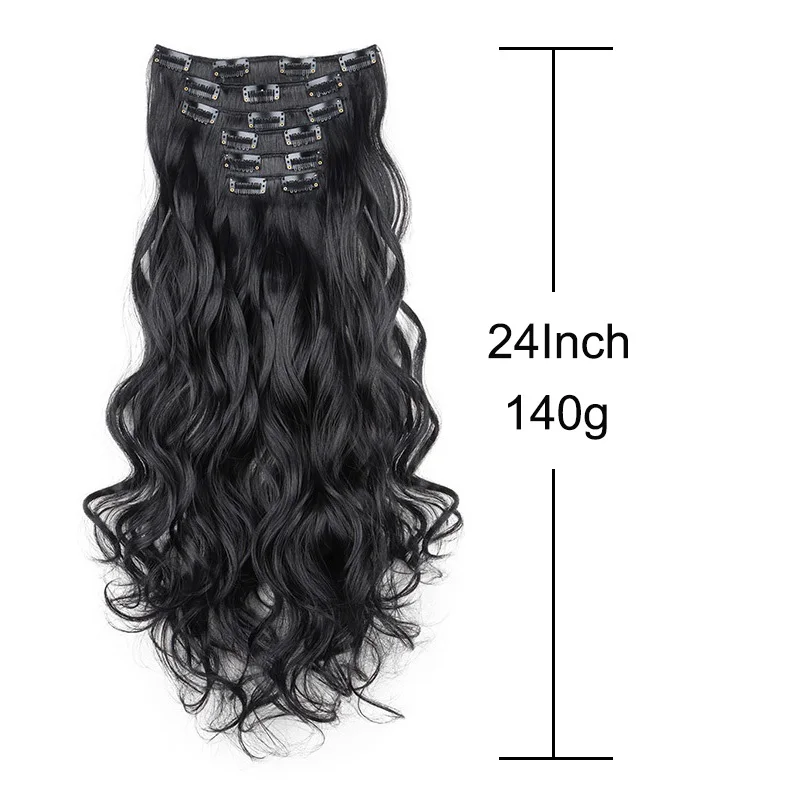 Synthetic 24Inch 16Clips Long Curly Hair Extension Heat Resistant Hair Extension Clips In Ombre Black Brown Blond Women