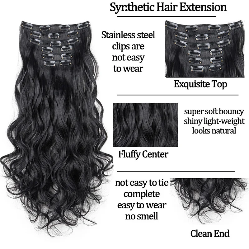 Synthetic 24Inch 16Clips Long Curly Hair Extension Heat Resistant Hair Extension Clips In Ombre Black Brown Blond Women
