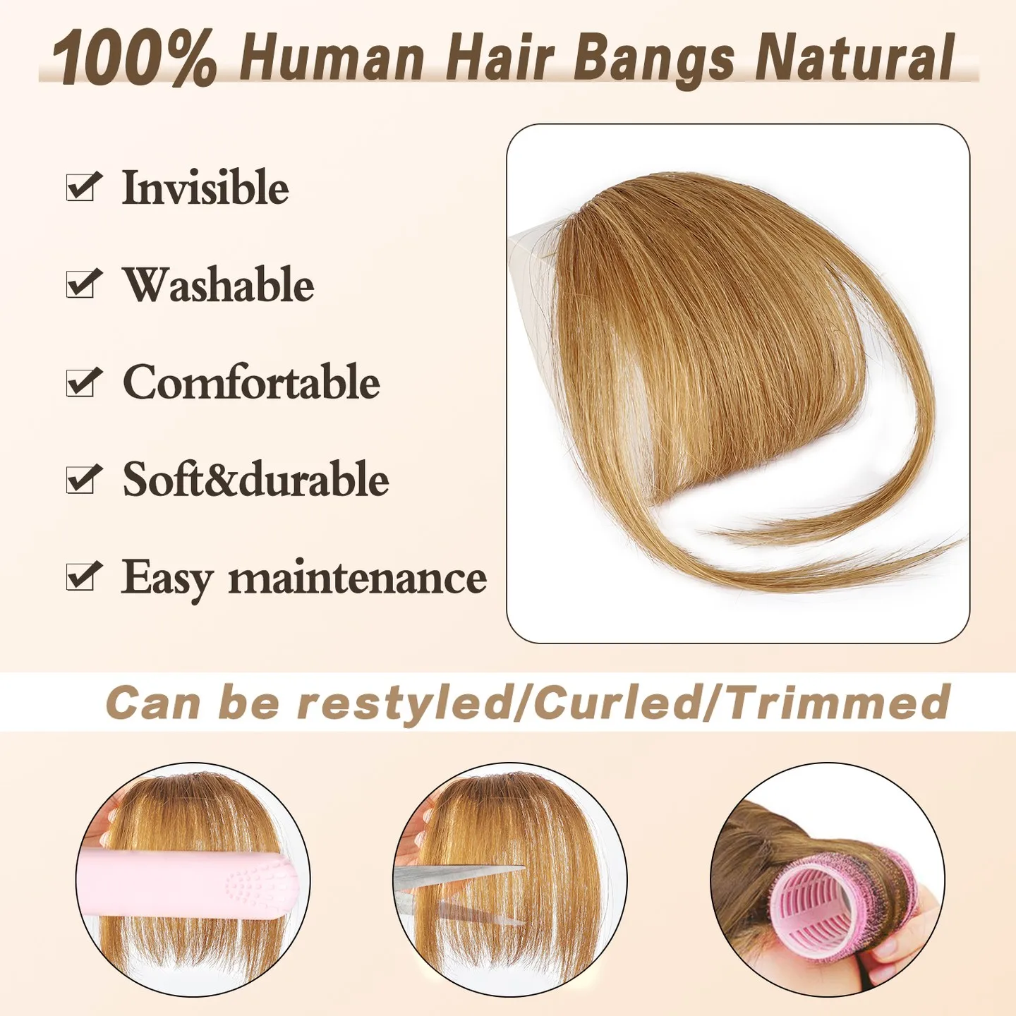 Human Hair Bangs Clip-In Hair Extension for Women 8inch 20g Front 3 clips in Straight Remy Natural Human Hair Fringe All Colors