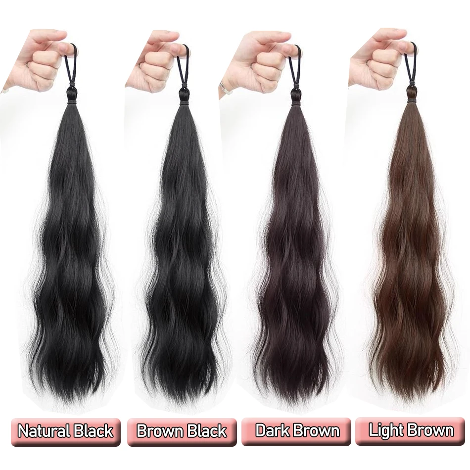 Long Wavy Synthetic Self-Winding Ponytail Hair Extensions With Elastic Rubber Band Braided Hair Bundle For Women Increase Hair