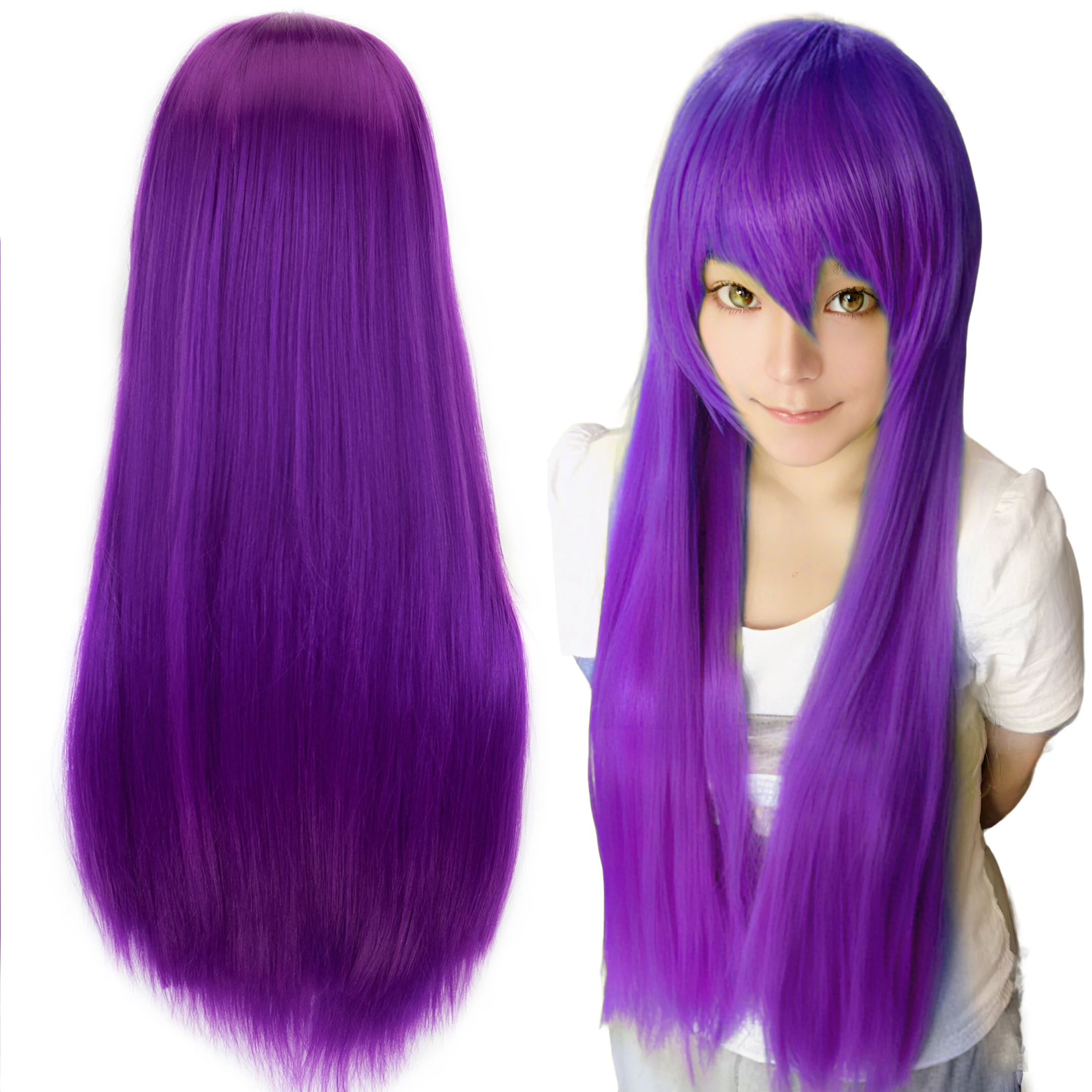 Synthetic Purple Wig Cosplay Wigs Straight Violet Wig Hitagi Senjougahara Cosplay Hair Yatogami Tohka Costume Wig