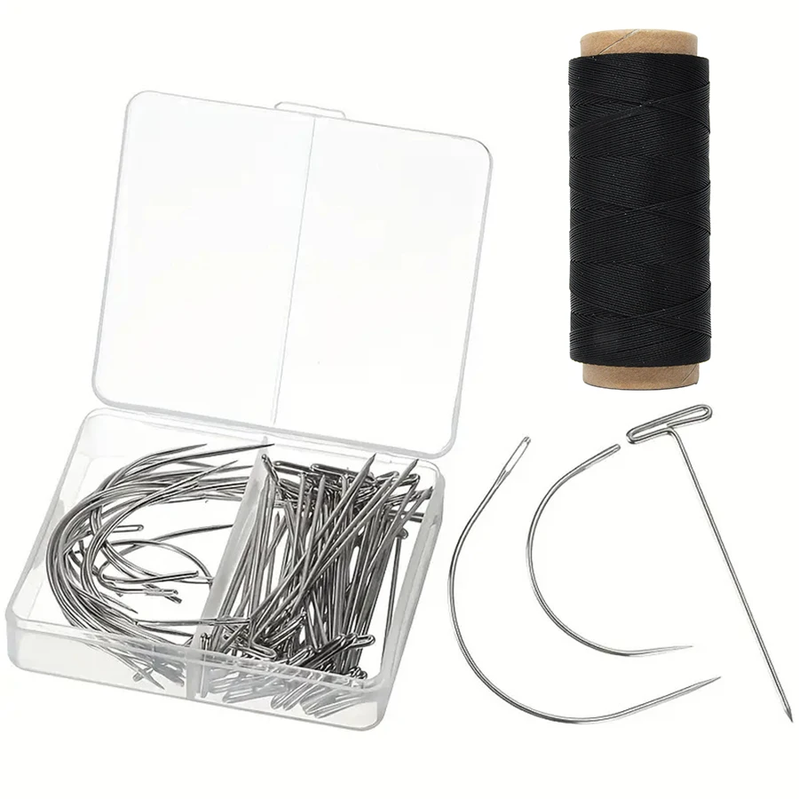 Professional Hair Extension Needle And Thread Set Curved Needle with Black/White Threads for DIY Wig Making