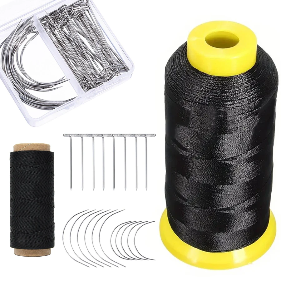 Professional Hair Extension Needle And Thread Set Curved Needle with Black/White Threads for DIY Wig Making