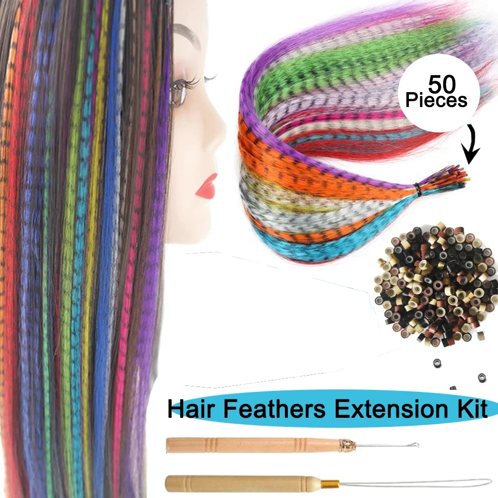 50 Pcs Hair Feathers with Hair Extension Tools,Long Straight Synthetic Hair Feather Extensions Kit with Beads for Women Girls