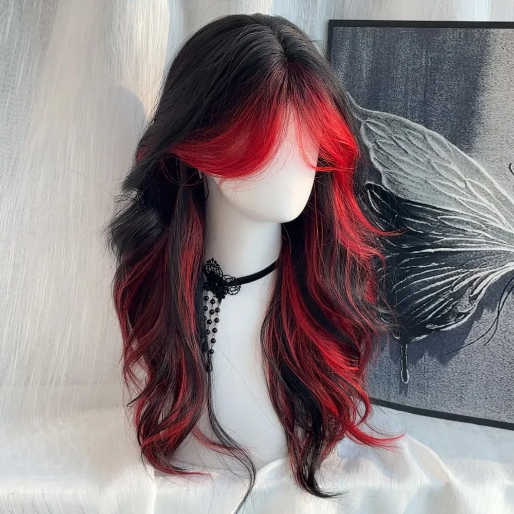 Black Ombre Red Layered Wig Synthetic Long Wavy Women Fluffy Lolita Style Cosplay Wig Middle Part for Daily Party