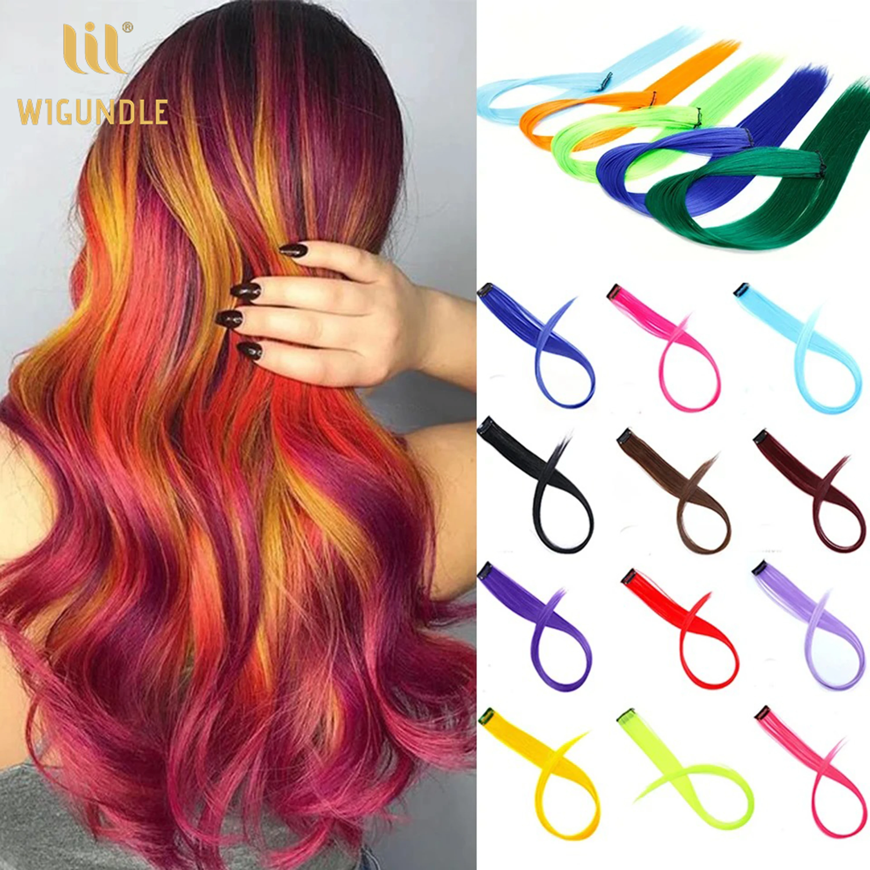 22Inch Synthetic Long Straight Clip In Hair Extensions High Temperature Hairpieces Rainbow Colors Hair Accessories for Women