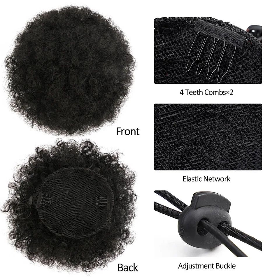1PC Women's 10-Inch Afro Kinky Curly Synthetic Ponytail Extension with Drawstring Basic Style Afro Puff Hair Bun Wig Daily U