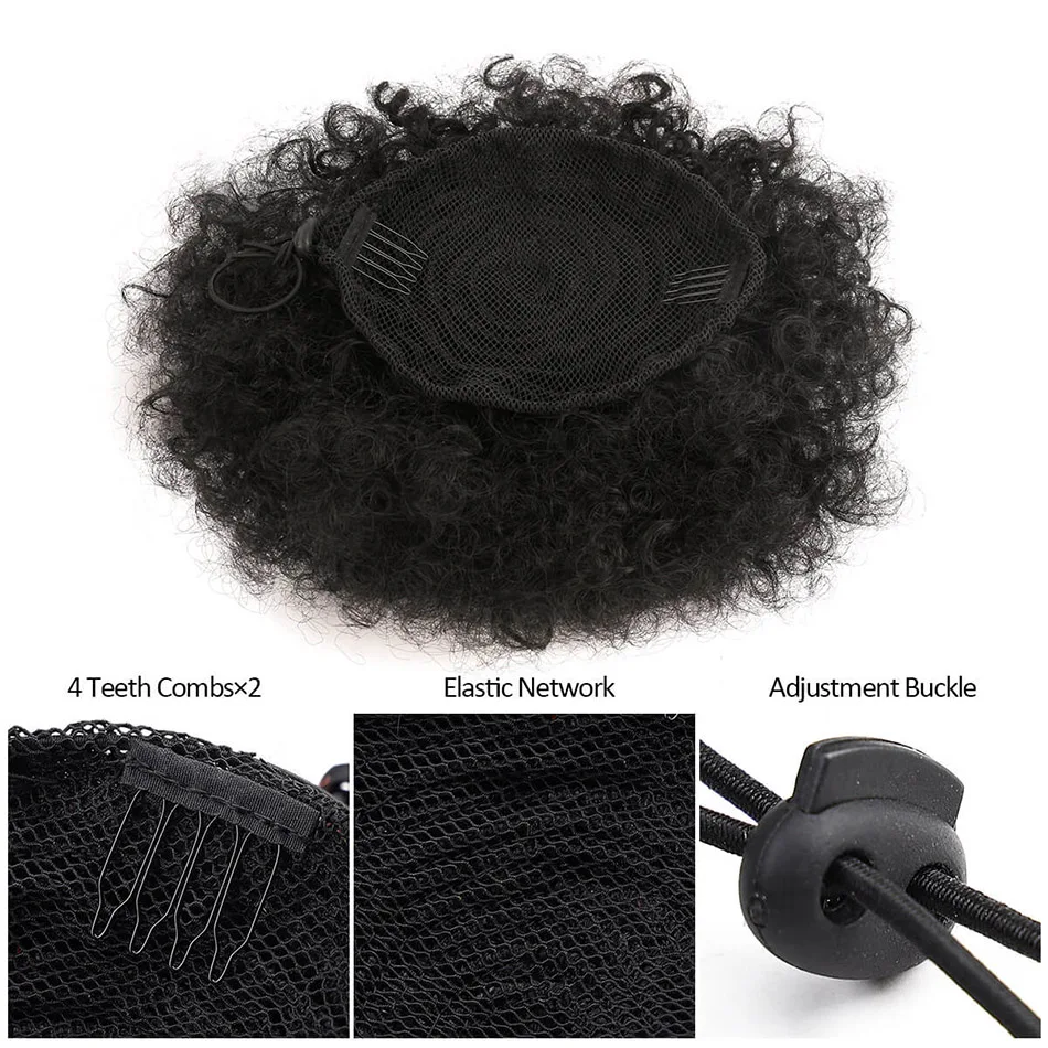 1PC Women's 10-Inch Afro Kinky Curly Synthetic Ponytail Extension with Drawstring Basic Style Afro Puff Hair Bun Wig Daily U