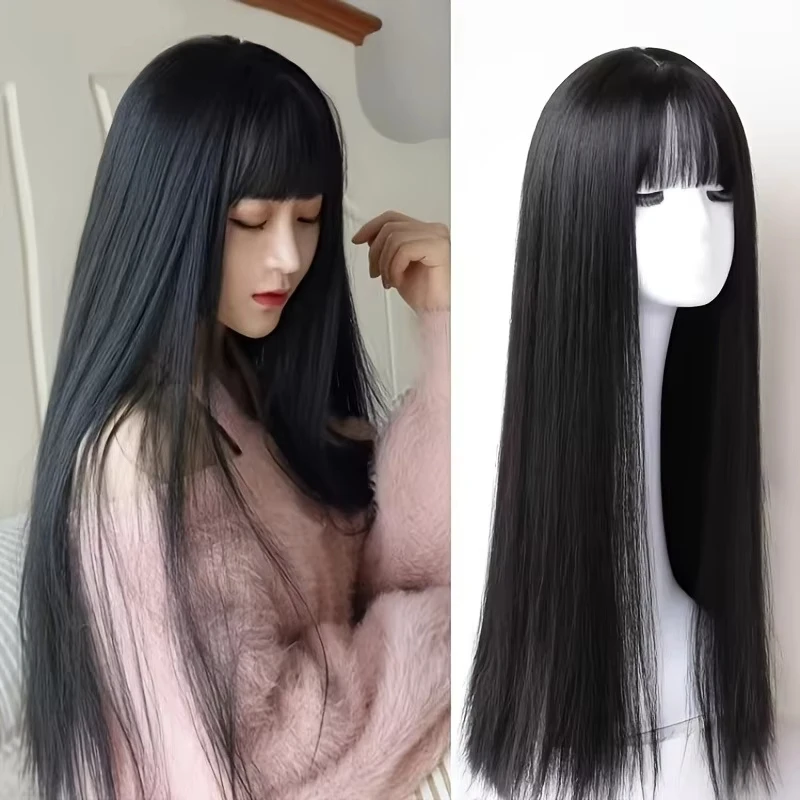 Black Long Straight Hair Synthetic Wig for Halloween Party Cosplay Wig for Daily Use, High-Temperature Hair Accessory Wig