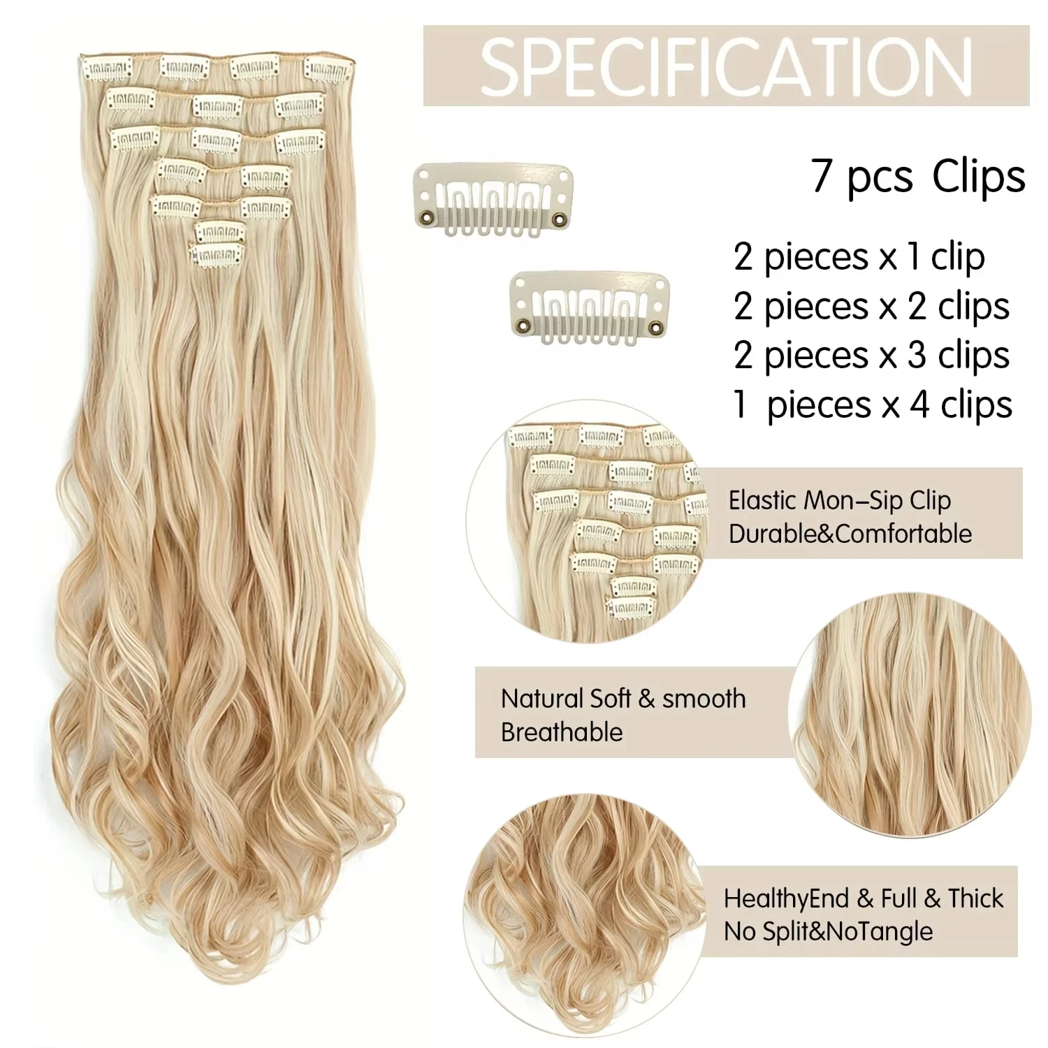 Synthetic 24Inch 16Clips Long Curly Hair Extension Heat Resistant Hair Extension Clips In Ombre Black Brown Blond Women