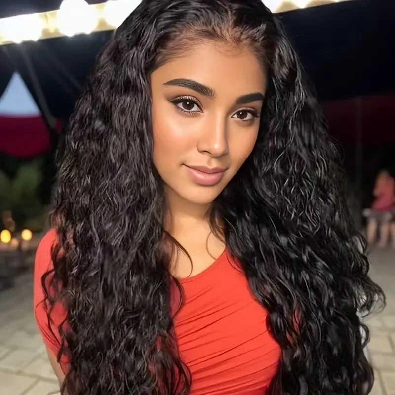 Women Black Long Water Wave Wig, Fluffy Big Curly Middle Part Synthetic Full Wig