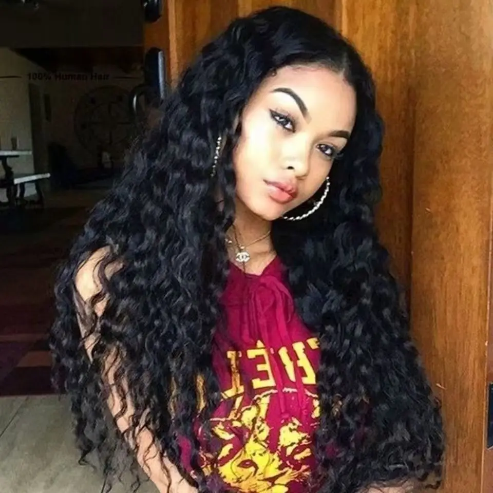 Women Black Long Water Wave Wig, Fluffy Big Curly Middle Part Synthetic Full Wig