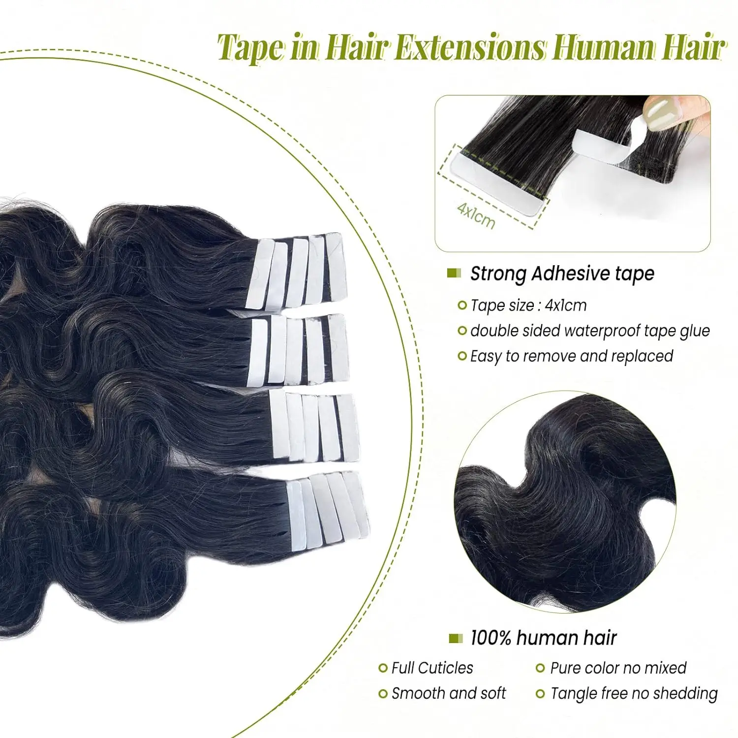 Tape In Hair Extensions Real Human Hair Body Wave 100%Human Fusion Hair 2.5g/strand 20pcs/pack Natural Human Hair Extensions 1b