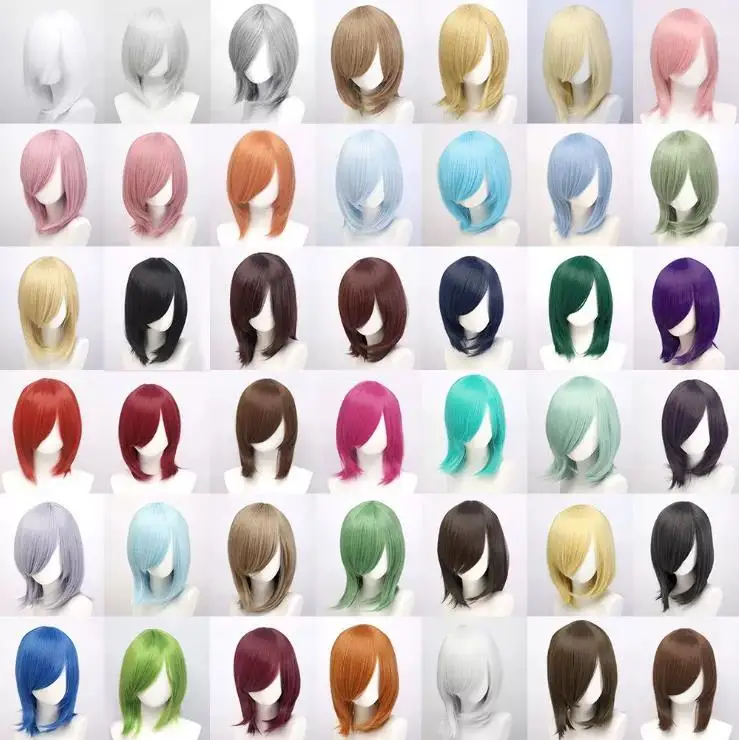 High Quality 40cm Medium Cosplay Wig With Bang Blond Pink Red Purple Blue Gray Heat Resistant Synthetic Hair Wigs