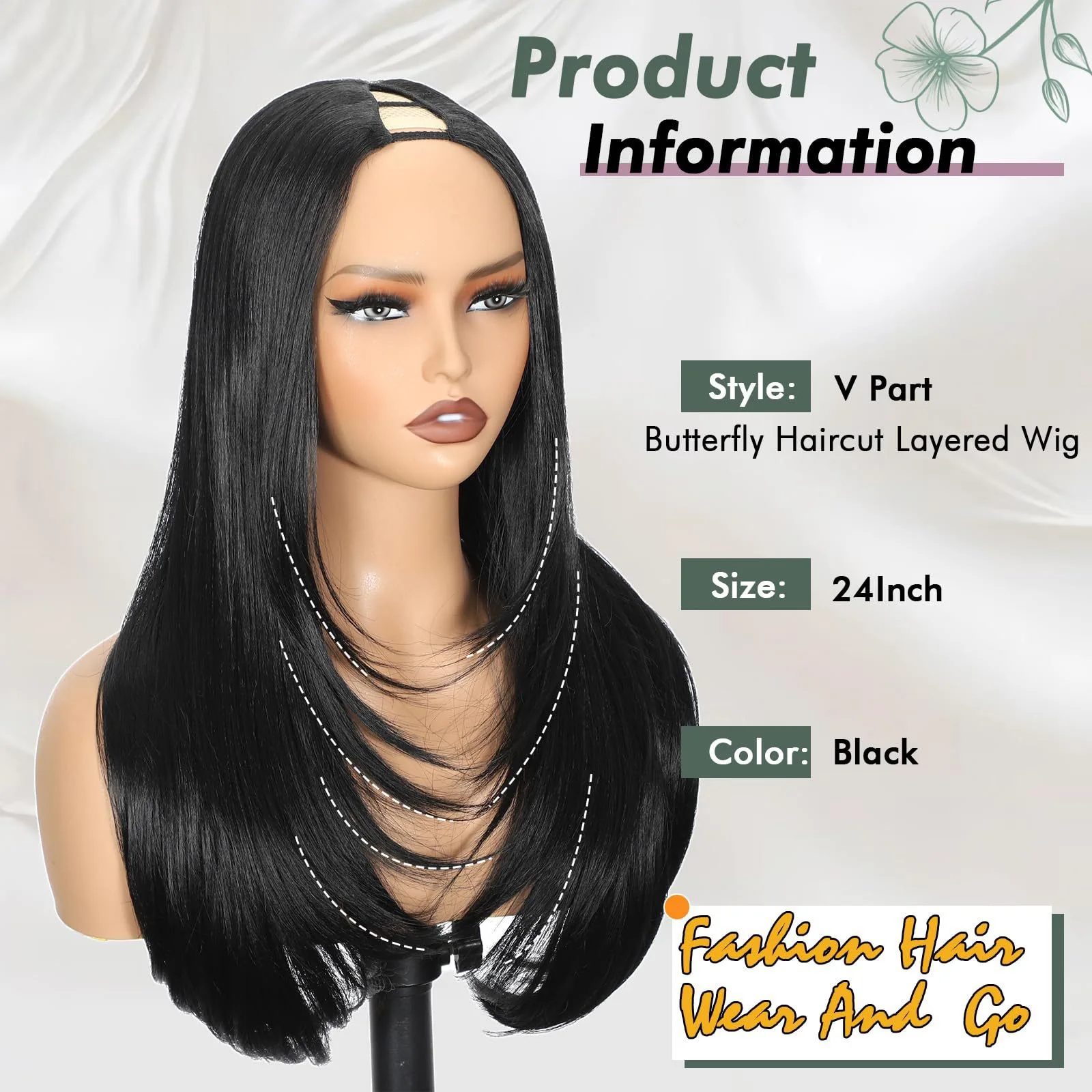 Yaki Straight Layered V Part Wig for Women Glueless Clip-In Half Head Realistic Natural Looking Heat Resistant Synthetic Hair