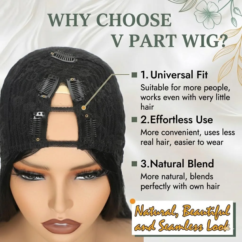 Yaki Straight Layered V Part Wig for Women Glueless Clip-In Half Head Realistic Natural Looking Heat Resistant Synthetic Hair