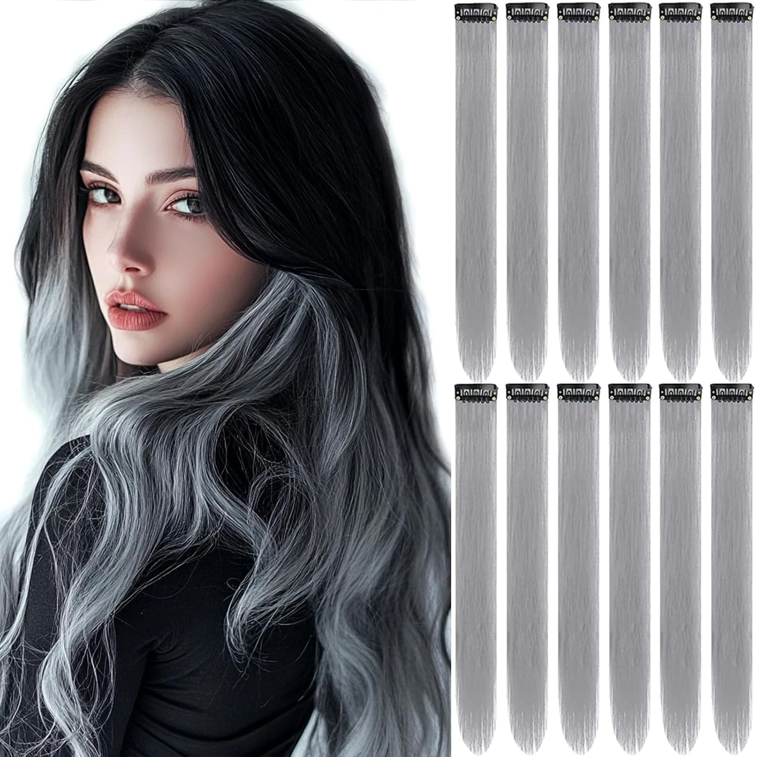 6/12 PCS White Hair Extensions Clip in, Colored Party Highlights Extension Synthetic Hairpiece Straight 22 inch