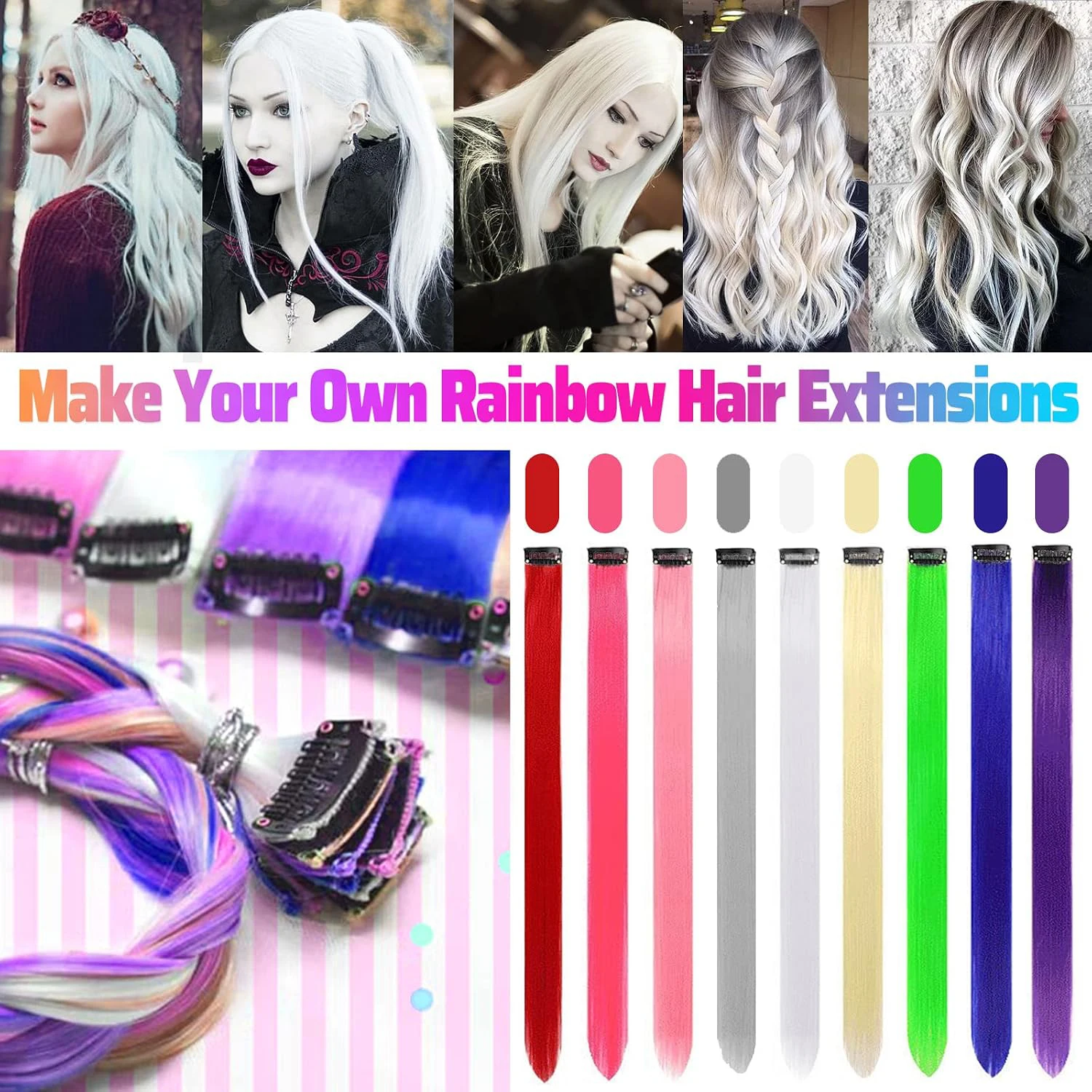 6/12 PCS White Hair Extensions Clip in, Colored Party Highlights Extension Synthetic Hairpiece Straight 22 inch