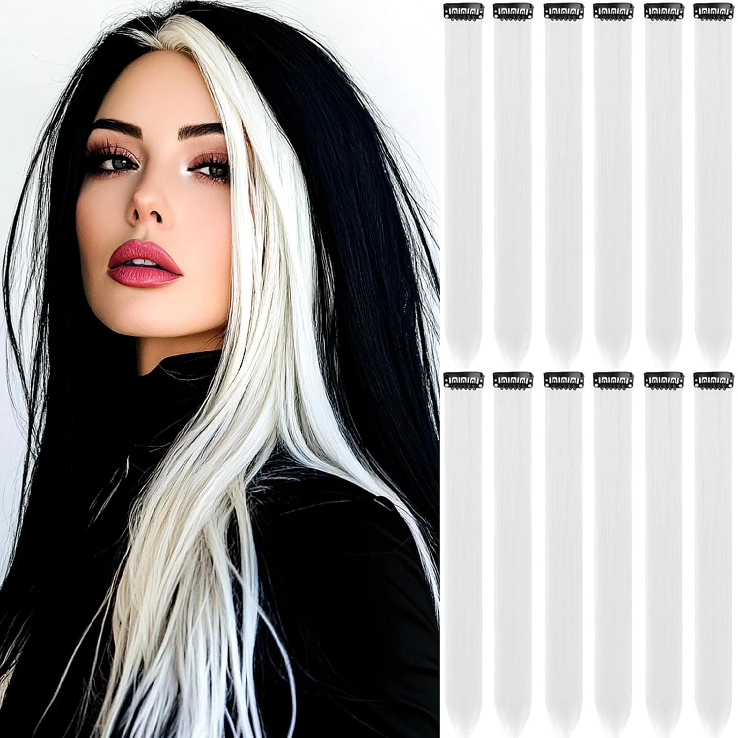 6/12 PCS White Hair Extensions Clip in, Colored Party Highlights Extension Synthetic Hairpiece Straight 22 inch