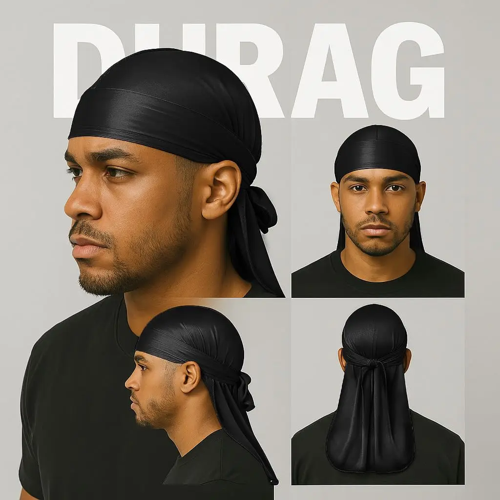Black Silky Durag with Long Tail Silk Doo Rags for Hip Hop Rapper,360 540 720 Waves Turban Durag Men Black Bandanas
