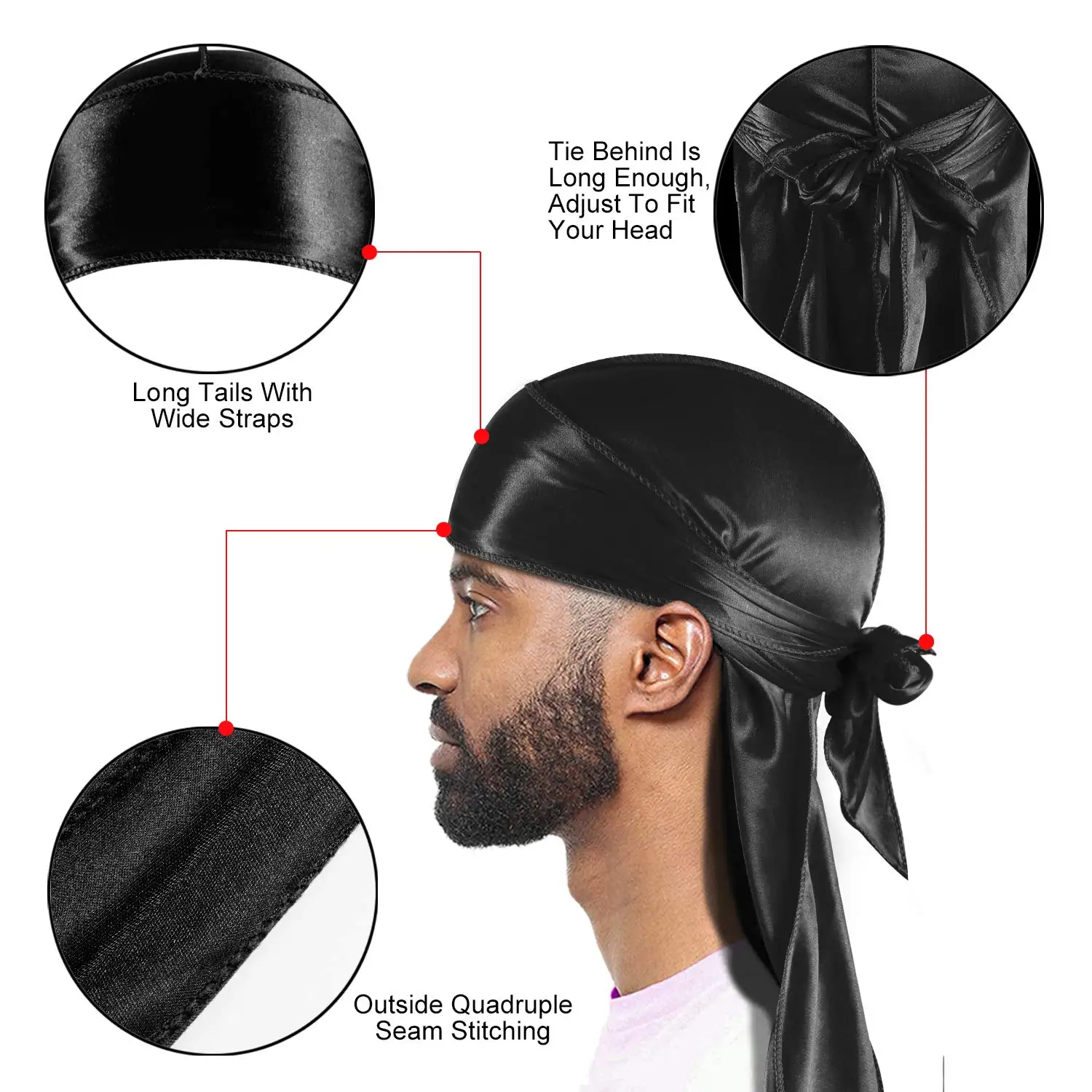 Black Silky Durag with Long Tail Silk Doo Rags for Hip Hop Rapper,360 540 720 Waves Turban Durag Men Black Bandanas