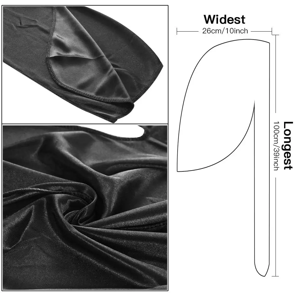 Black Silky Durag with Long Tail Silk Doo Rags for Hip Hop Rapper,360 540 720 Waves Turban Durag Men Black Bandanas