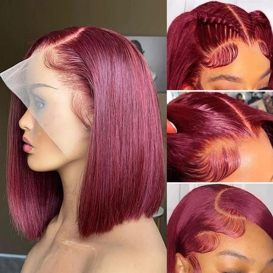 99J Burgundy Bob Wig 13x4 Lace Front Short Wigs 200%Density Straight HD Transparent Lace Frontal Wig Pre Plucked Human Hair 100%