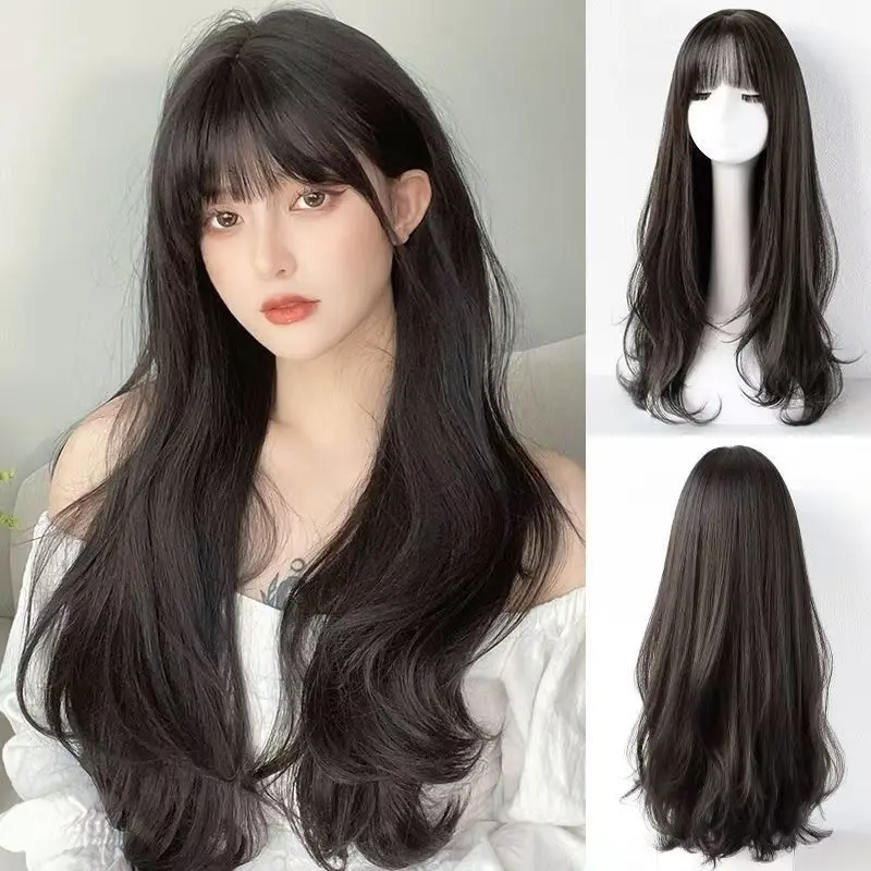 Black Long Wavy Synthetic Wig for Halloween Party, Cosplay Wig, Daily Wig, High-Temperature Hair Accessory Wig Set