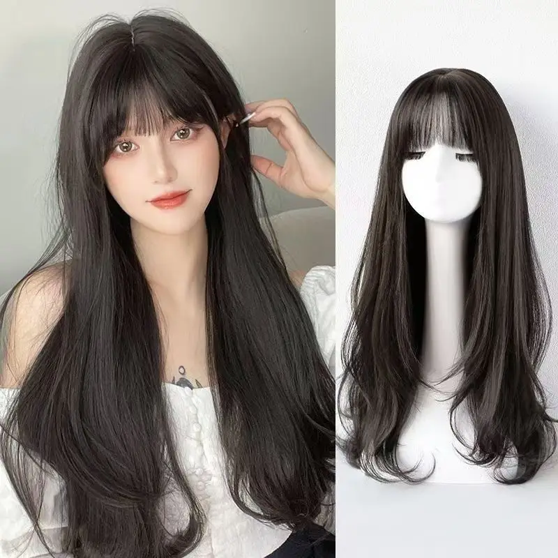 Black Long Wavy Synthetic Wig for Halloween Party, Cosplay Wig, Daily Wig, High-Temperature Hair Accessory Wig Set