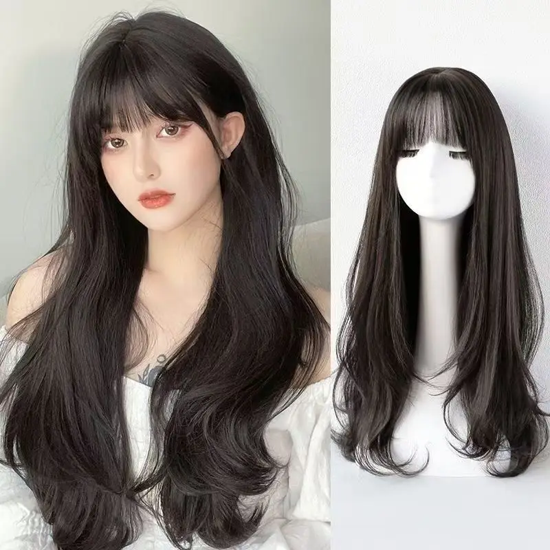 Black Long Wavy Synthetic Wig for Halloween Party, Cosplay Wig, Daily Wig, High-Temperature Hair Accessory Wig Set