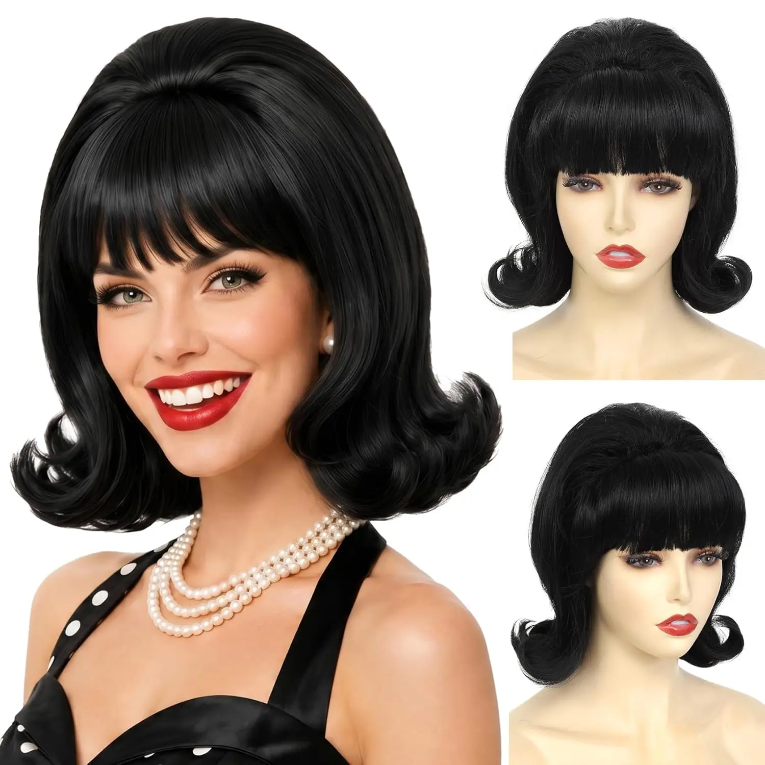 HAIRJOY Synthetic Hair Short Bob Wig with Bangs for Women 60s 70s Retro Beehive Bouffant Wigs Vintage Costume Wig for Halloween