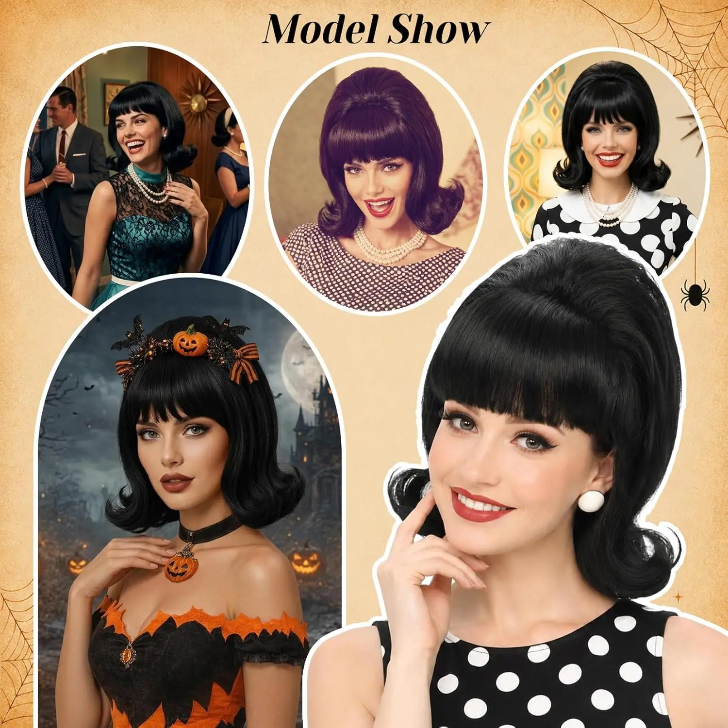 HAIRJOY Synthetic Hair Short Bob Wig with Bangs for Women 60s 70s Retro Beehive Bouffant Wigs Vintage Costume Wig for Halloween