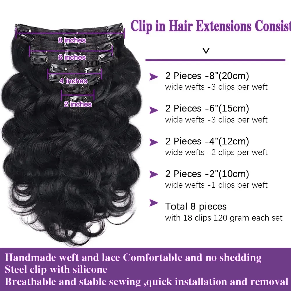 Clip In Hair Extensions Body Wave 8Pcs Clip In Human Hair Extensions Natural Black Remy Skin Weft Hair Extensions For Salon