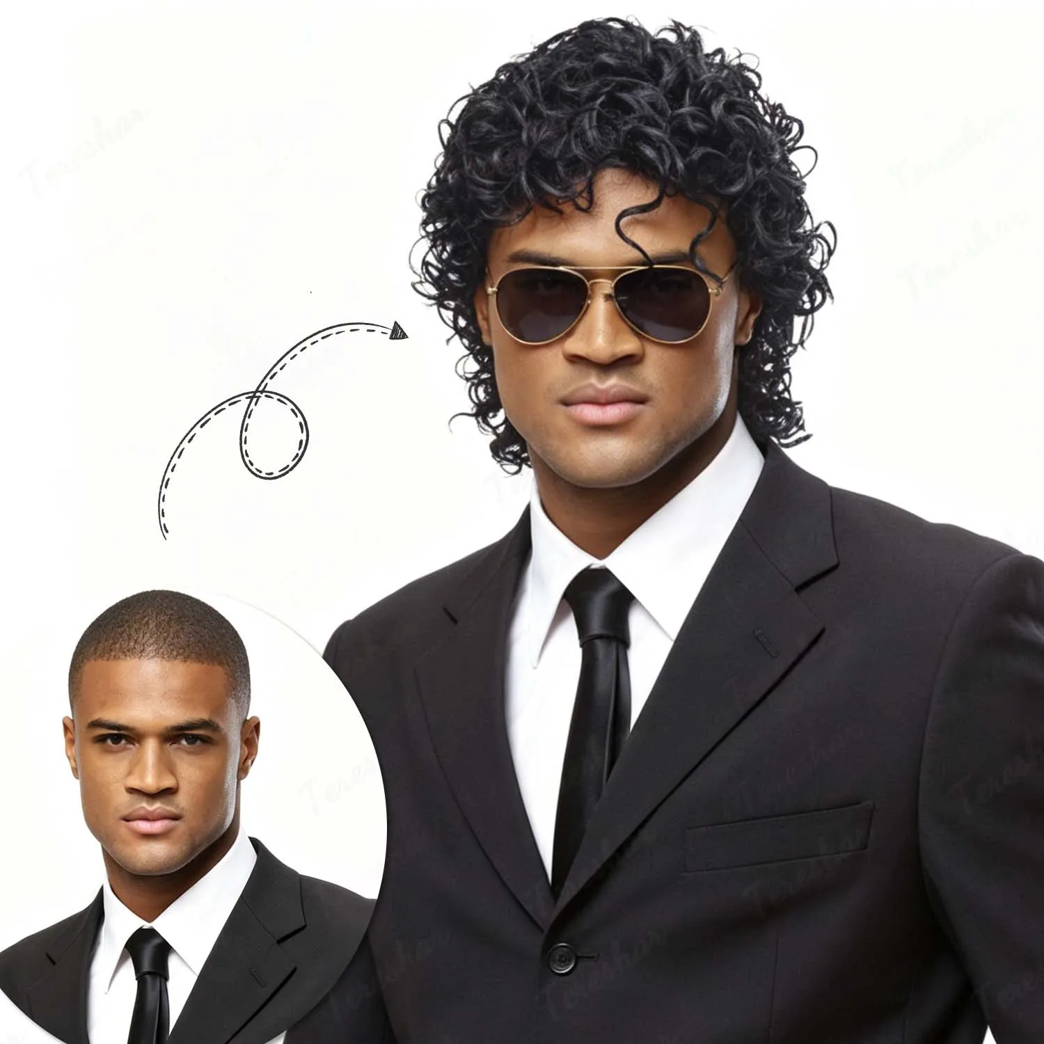 Synthetic Mens Black Short Curly Rocker Disco Wig with Glasses,Boys Wet Look Wig,70s Mullet Wig,Michael Jackson Role Play Wig