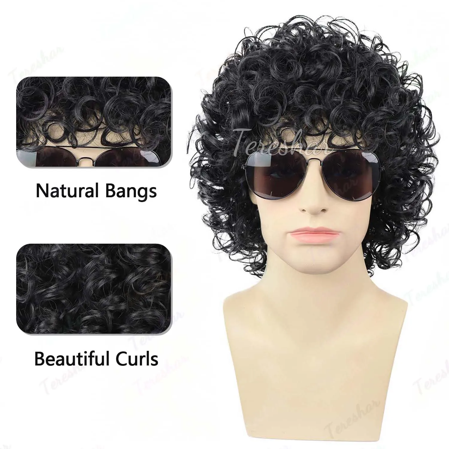 Synthetic Mens Black Short Curly Rocker Disco Wig with Glasses,Boys Wet Look Wig,70s Mullet Wig,Michael Jackson Role Play Wig