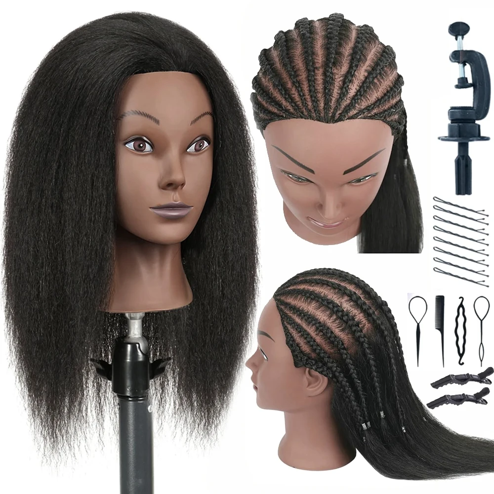 16"Human Hair Mannequin Head for Braiding,Cosmetology Training Doll Head for Styling Practice With Stand