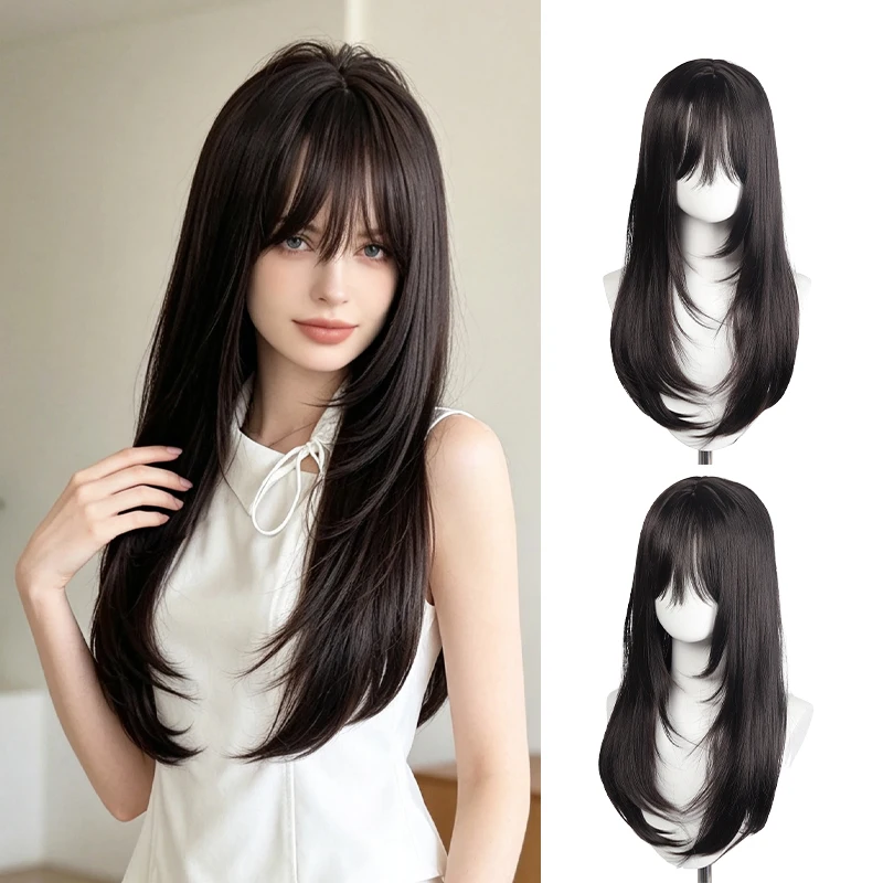 60cm Layered Black Long Straight Wig with Air Bangs, Full Cap Synthetic Fiber Wig for Lolita & JK Style Daily Wear