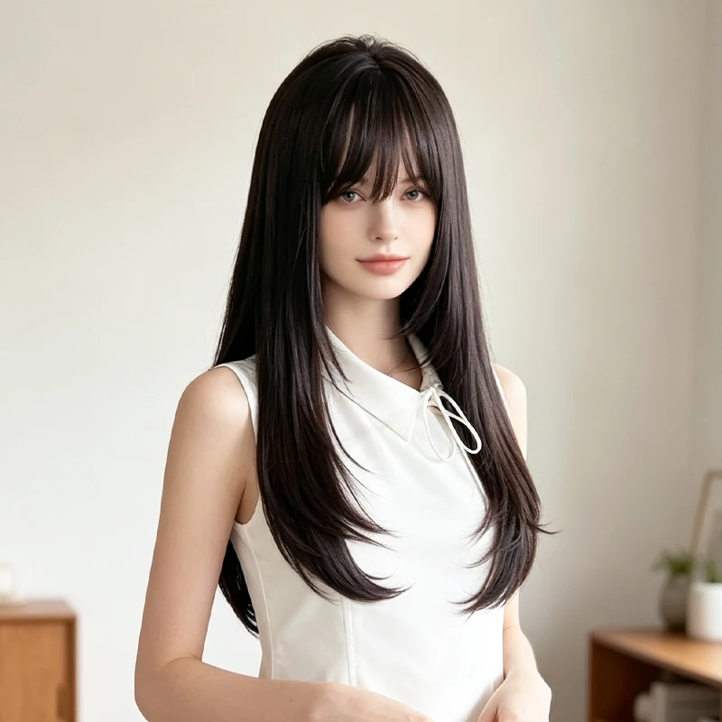 60cm Layered Black Long Straight Wig with Air Bangs, Full Cap Synthetic Fiber Wig for Lolita & JK Style Daily Wear