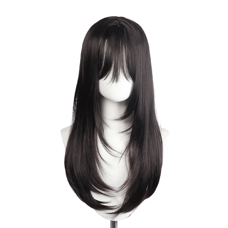 60cm Layered Black Long Straight Wig with Air Bangs, Full Cap Synthetic Fiber Wig for Lolita & JK Style Daily Wear