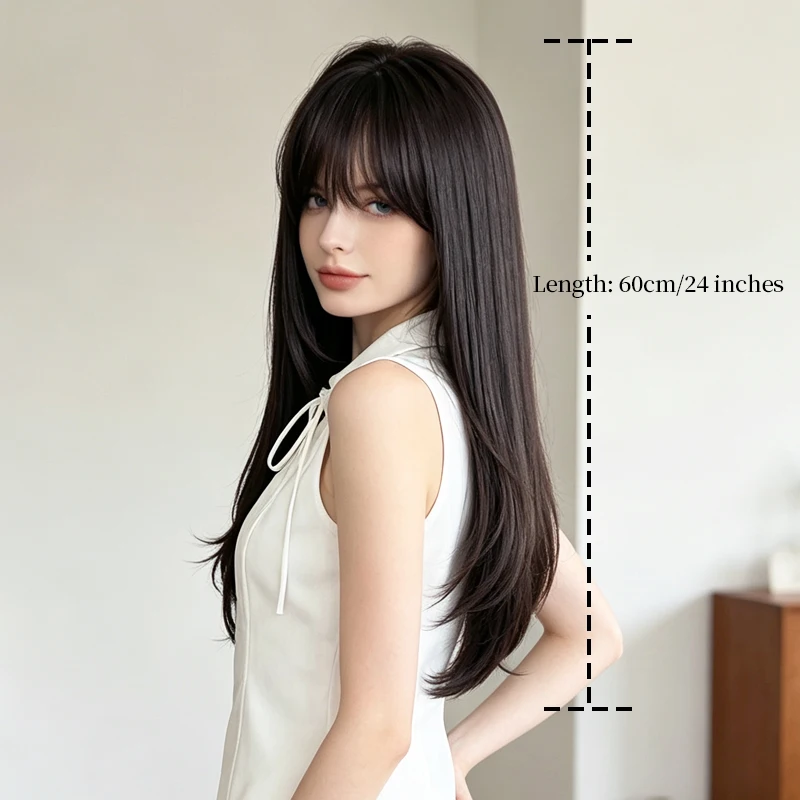 60cm Layered Black Long Straight Wig with Air Bangs, Full Cap Synthetic Fiber Wig for Lolita & JK Style Daily Wear