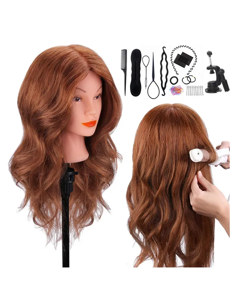 100%Real Hair Doll Head For Curling Straightening Dyeing Braiding Hairdressing Dark Brown Mannequin Head Training Head Kit