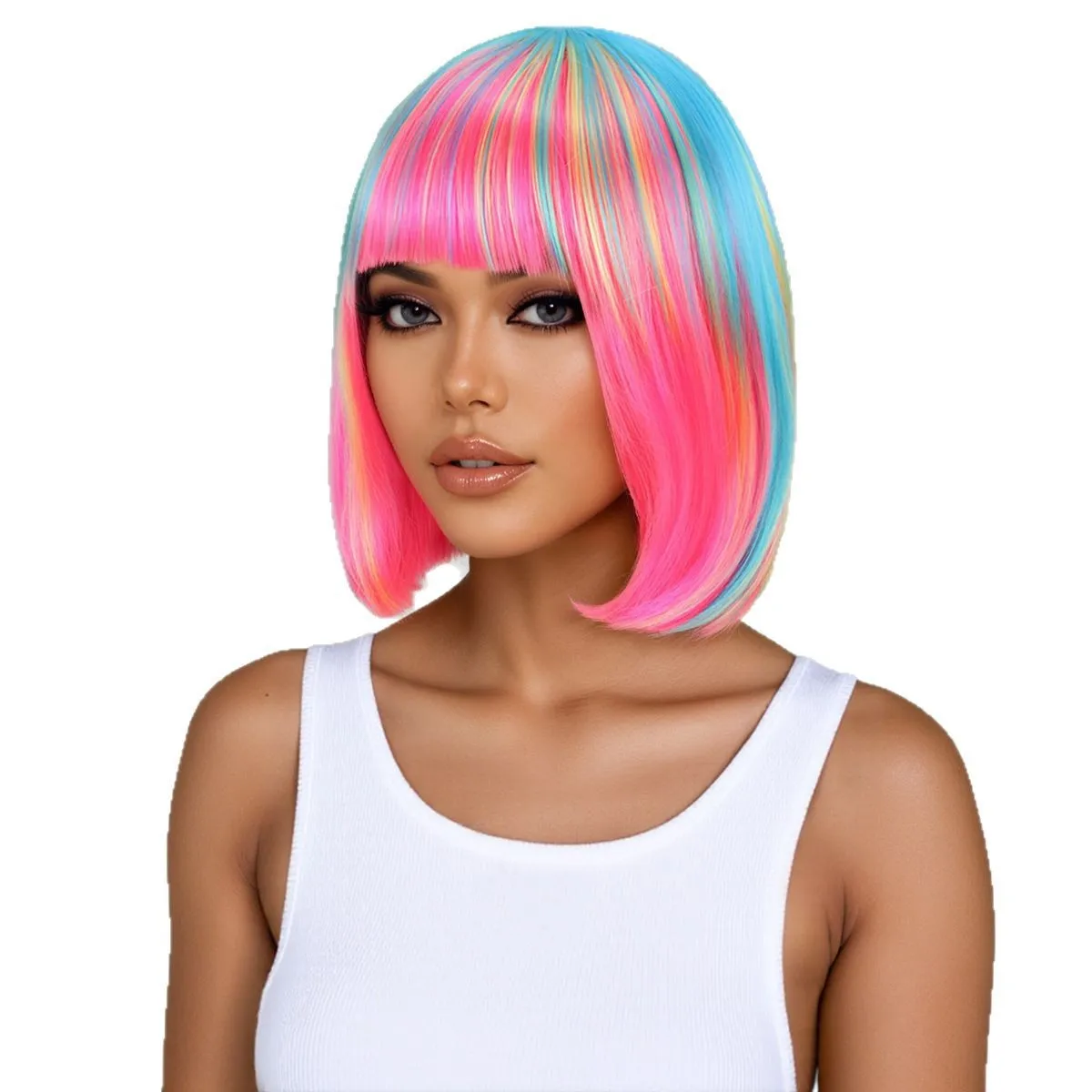 Rainbow Multi-Color Synthetic Wig for Daily Parties, Halloween Cosplay Wig, Bob Hairstyle Wig, Head Cover