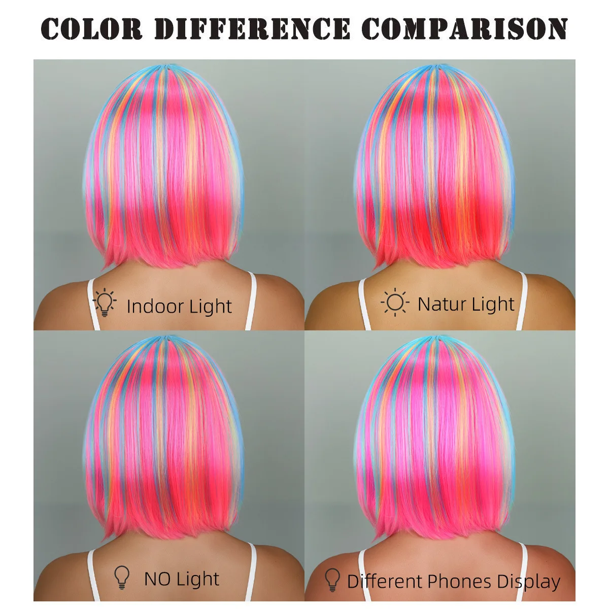 Rainbow Multi-Color Synthetic Wig for Daily Parties, Halloween Cosplay Wig, Bob Hairstyle Wig, Head Cover