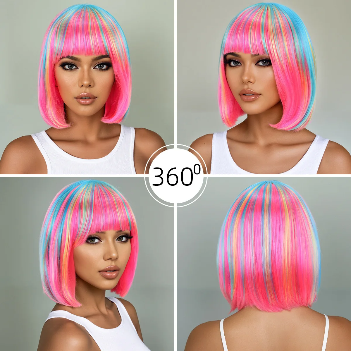Rainbow Multi-Color Synthetic Wig for Daily Parties, Halloween Cosplay Wig, Bob Hairstyle Wig, Head Cover