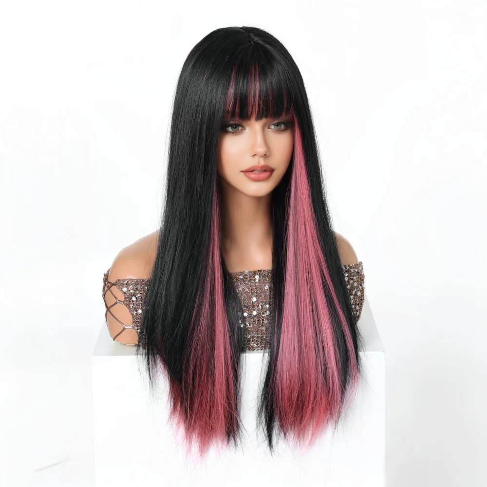 Easihair Black with Red Pink Highlight Long Straight Wig With Bangs Heat Resistant Synthetic Hair Gothic Halloween Cosplay Wigs