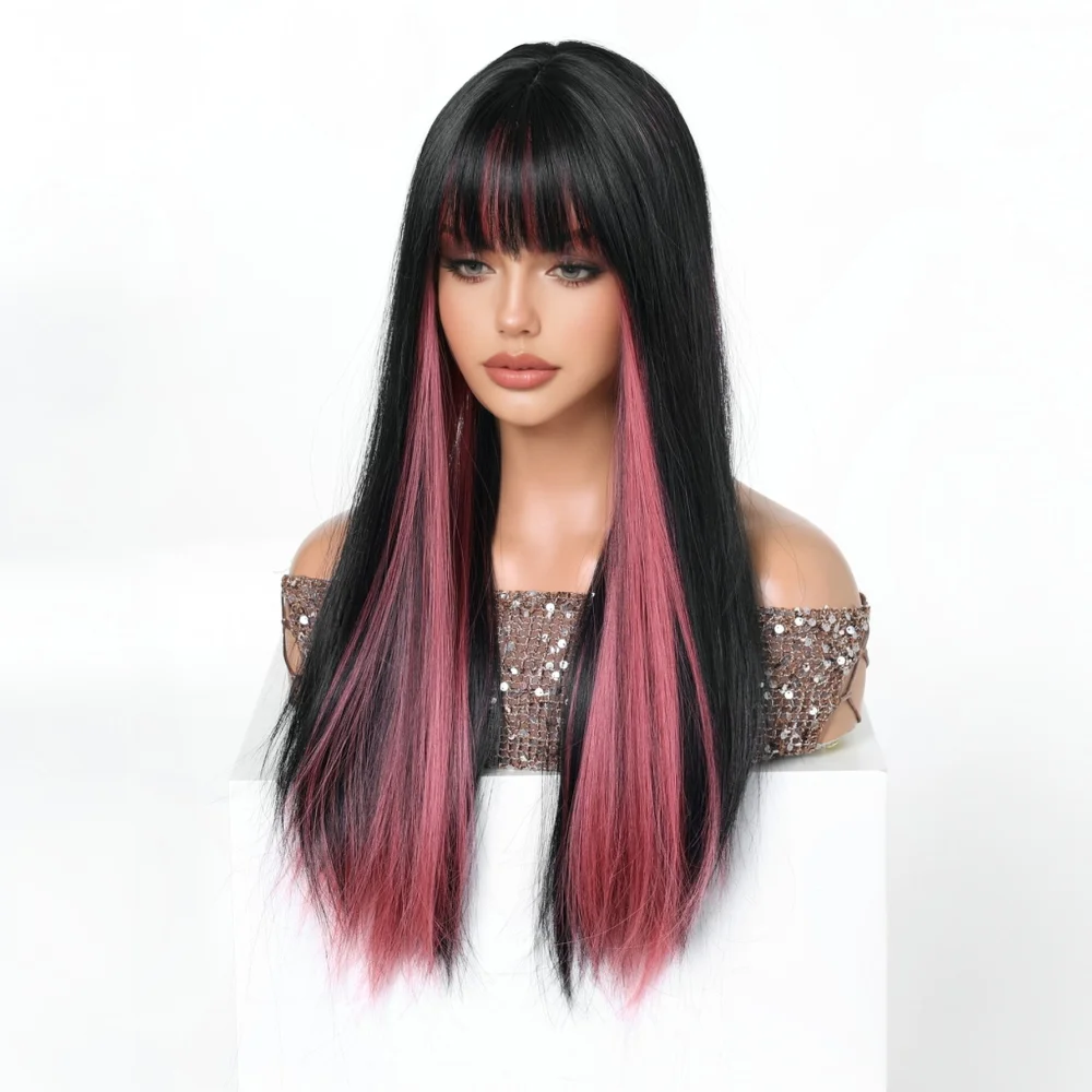 Easihair Black with Red Pink Highlight Long Straight Wig With Bangs Heat Resistant Synthetic Hair Gothic Halloween Cosplay Wigs