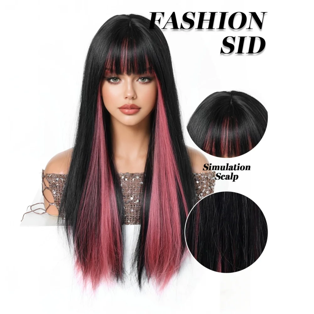 Easihair Black with Red Pink Highlight Long Straight Wig With Bangs Heat Resistant Synthetic Hair Gothic Halloween Cosplay Wigs