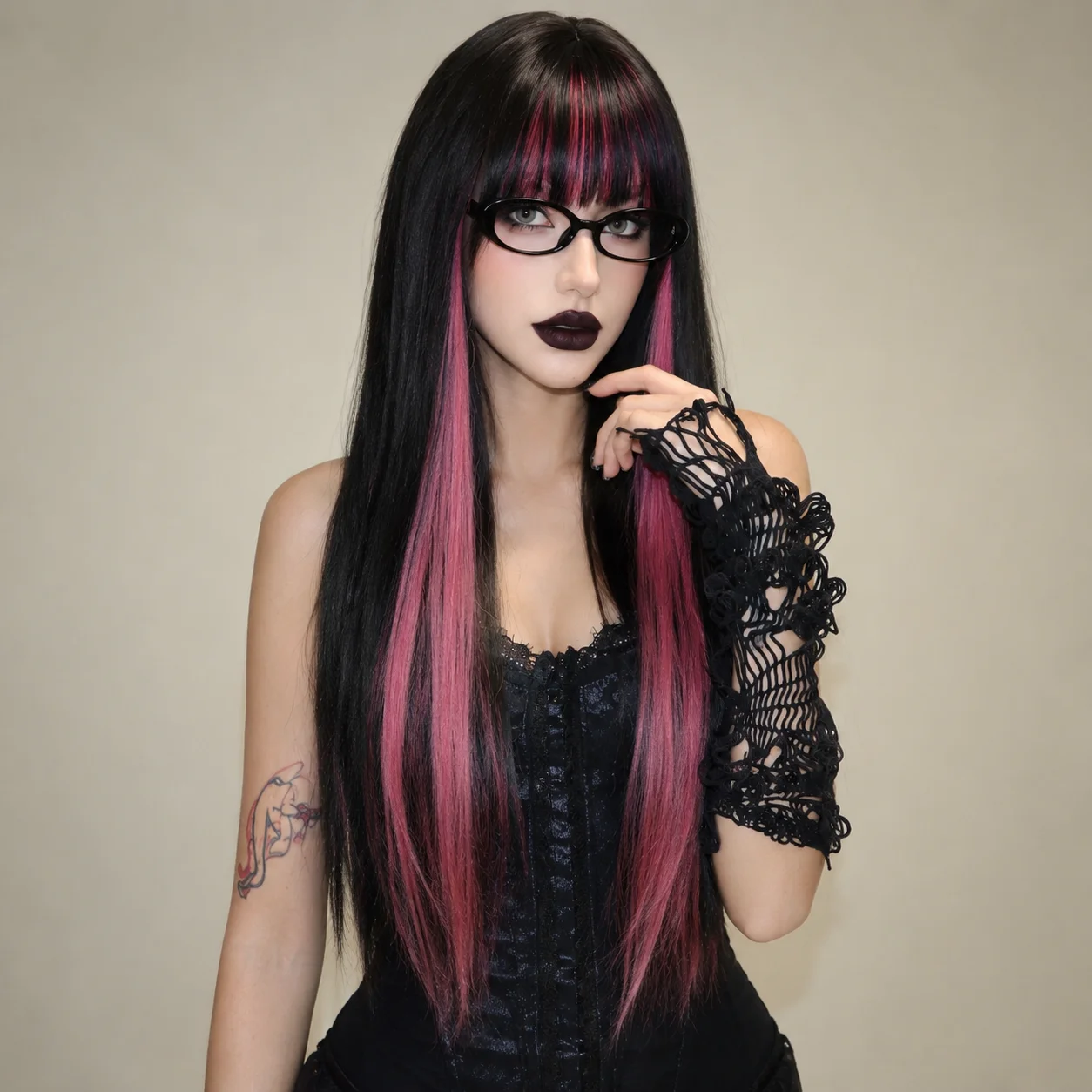 Easihair Black with Red Pink Highlight Long Straight Wig With Bangs Heat Resistant Synthetic Hair Gothic Halloween Cosplay Wigs